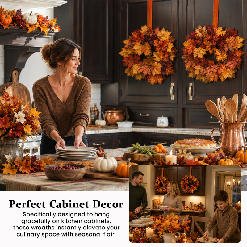 Autumn Maple Leaf Kitchen Cabinet Wreaths with Ribbon